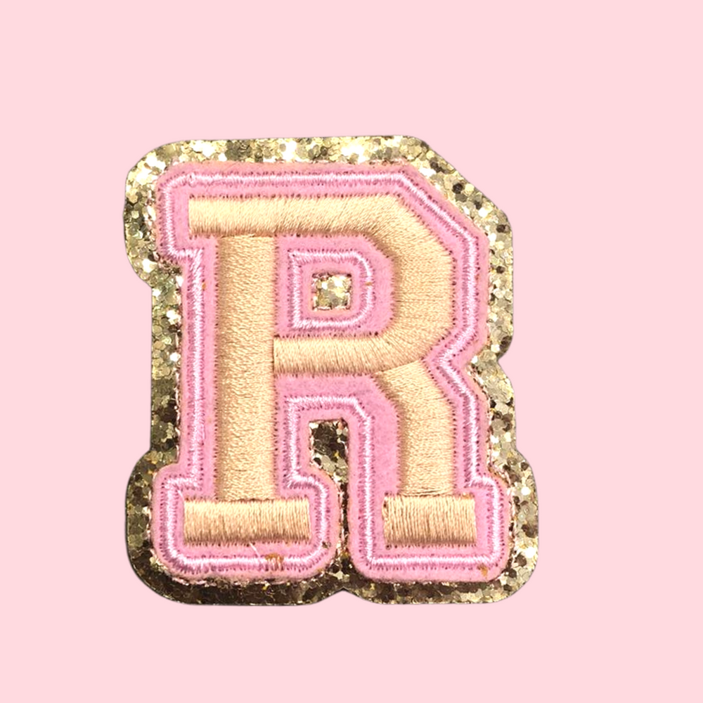 Letter Patches Varsity Chenille Iron On Letters Patchs For Clothing , 4pcs  English Letter R With Gold Glitters Border, Alphabet Sewing Appliques (pink