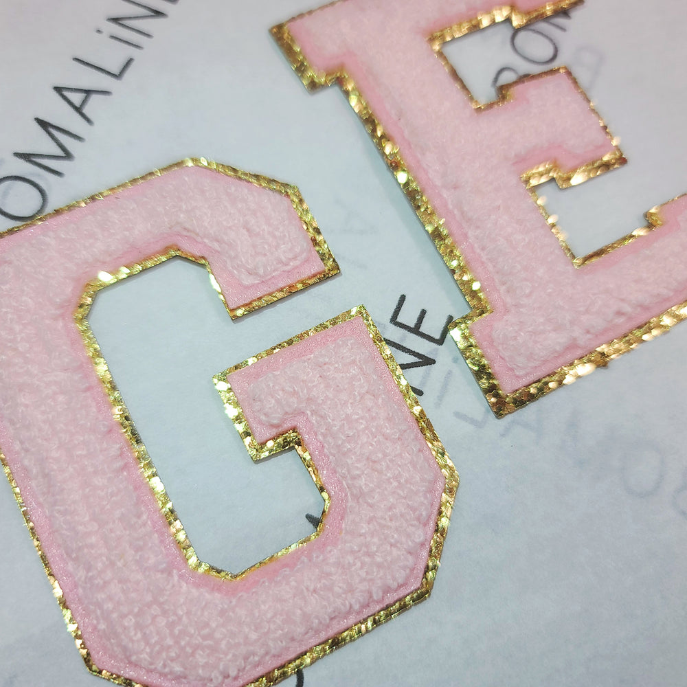 
            
                Load image into Gallery viewer, Large Gold Glitter &amp;amp; Pink Chenille Varsity Patch
            
        