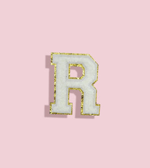 
            
                Load image into Gallery viewer, Large Gold Glitter &amp;amp; White Chenille Varsity Patch
            
        