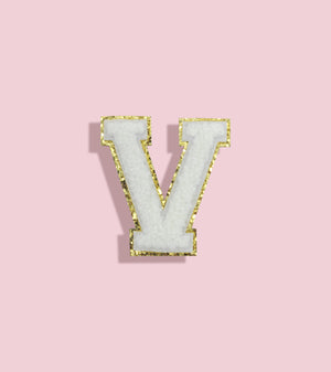 
            
                Load image into Gallery viewer, Large Gold Glitter &amp;amp; White Chenille Varsity Patch
            
        